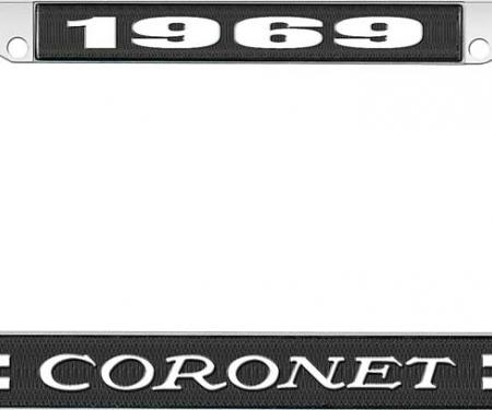 OER 1969 Coronet License Plate Frame - Black and Chrome with White Lettering LF120469A