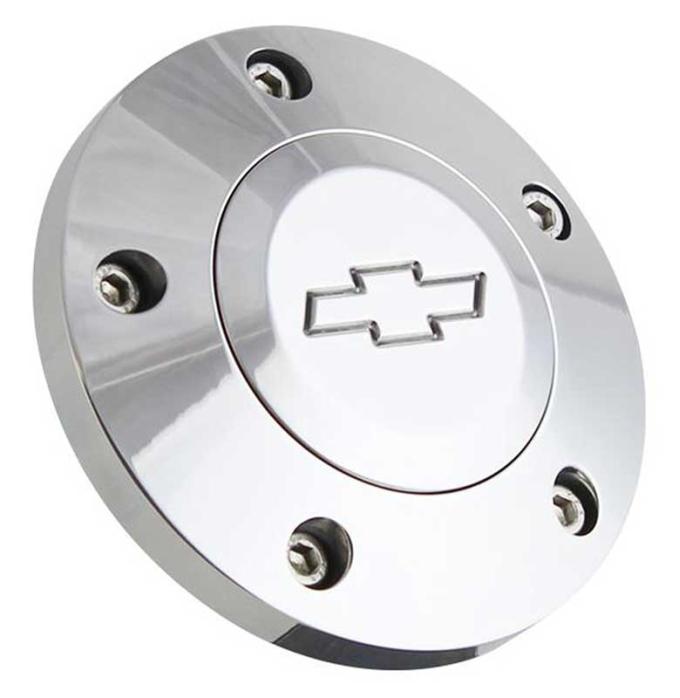 Horn Button Cap, For 5 Bolt Wheels, 5 &times; 2.75 in / 70 mm Bolt Pattern Housing, With Chevy Bow Tie Logo, Polished