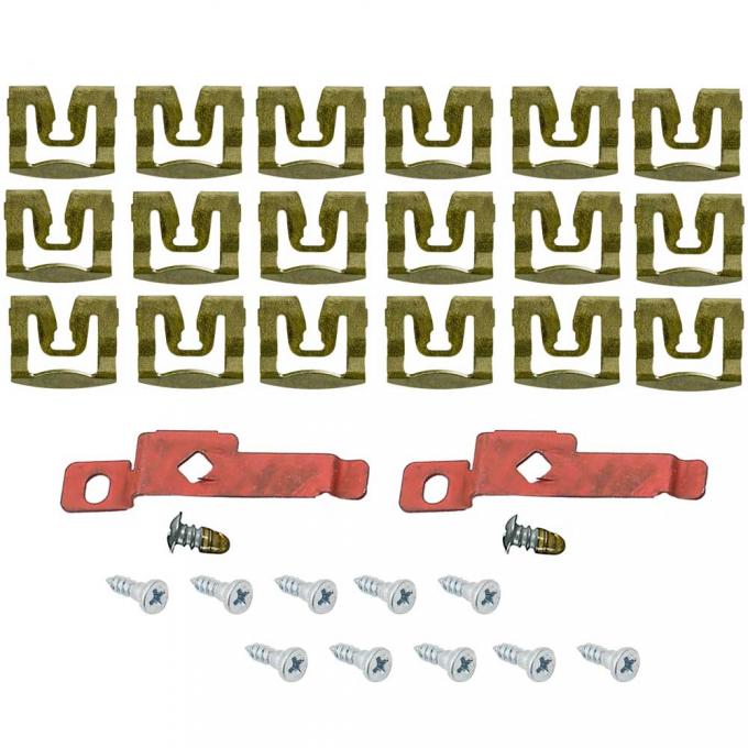 OER 1971-73 Barracuda, Challenger Coupe, Rear Window Molding Clip Set, 20 Piece Set, With Replacement Studs and Screws ME533B
